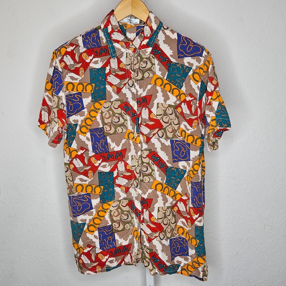 VTG Snow Western Cowboy Print Silk Button Down Shirt Men's M Rodeo Novelty